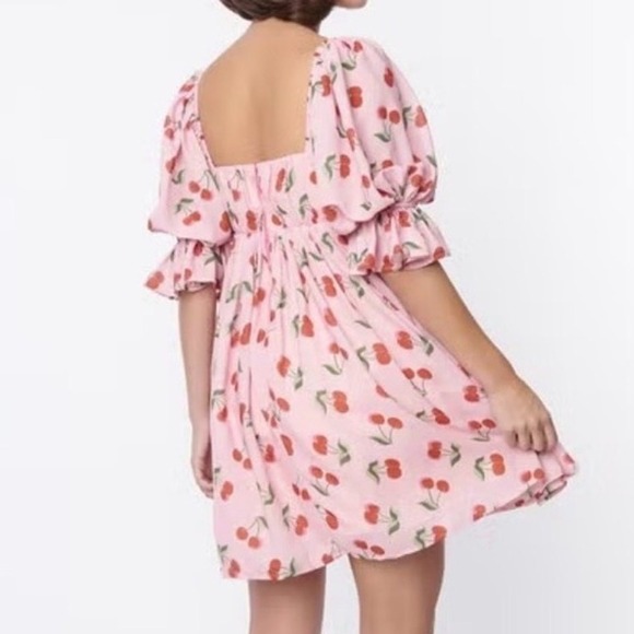 Smak Parlour Cherry Print Puff Sleeve Babydoll Mini Dress S Pink Spring Break - Picture 2 of 7